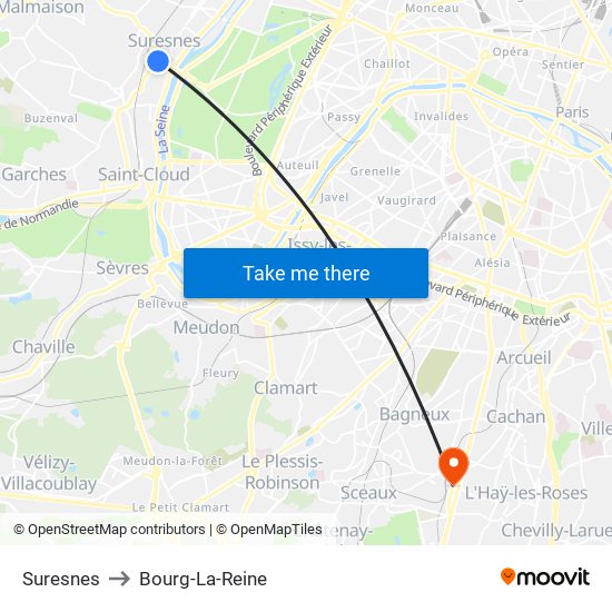 Suresnes to Bourg-La-Reine map