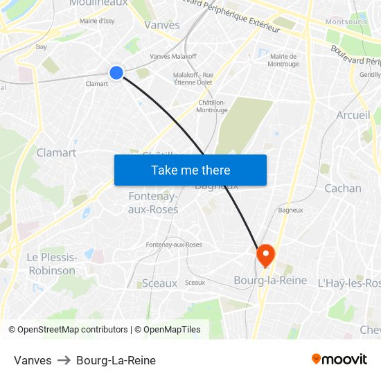Vanves to Bourg-La-Reine map