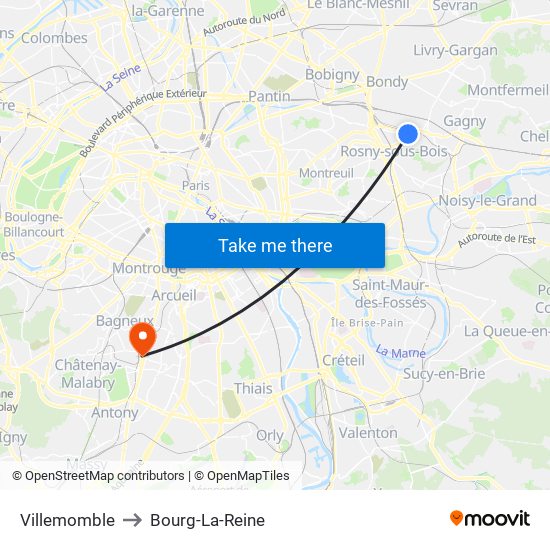 Villemomble to Bourg-La-Reine map