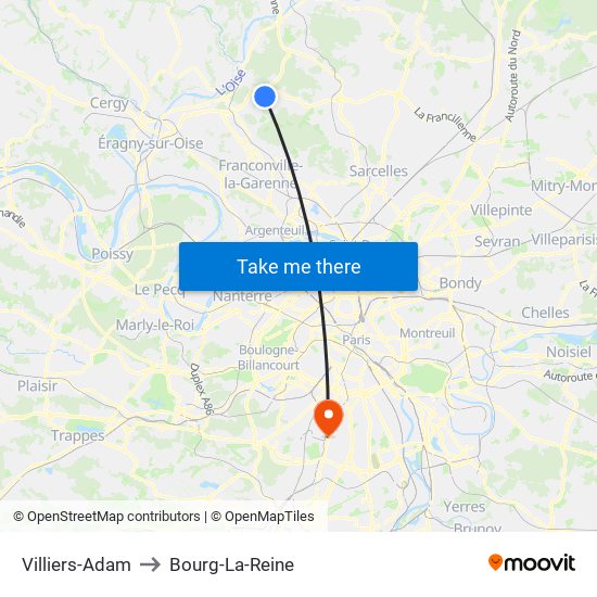 Villiers-Adam to Bourg-La-Reine map