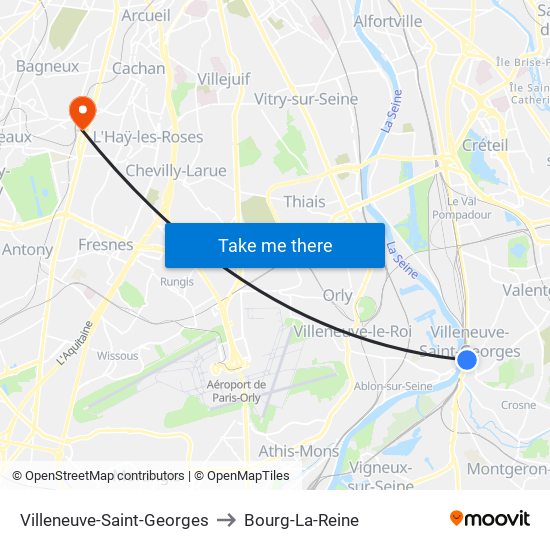 Villeneuve-Saint-Georges to Bourg-La-Reine map