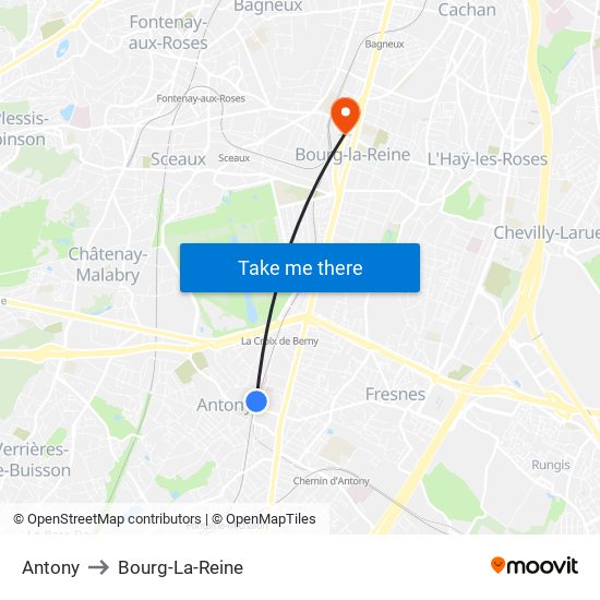 Antony to Bourg-La-Reine map