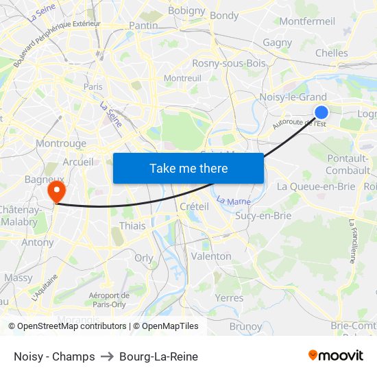 Noisy - Champs to Bourg-La-Reine map