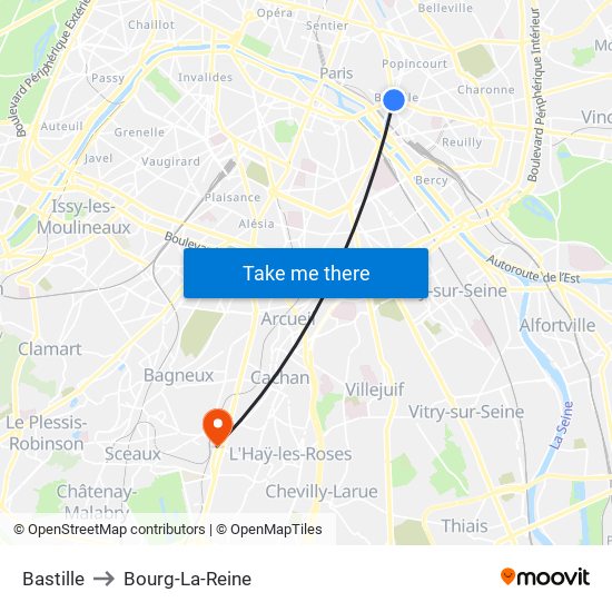 Bastille to Bourg-La-Reine map
