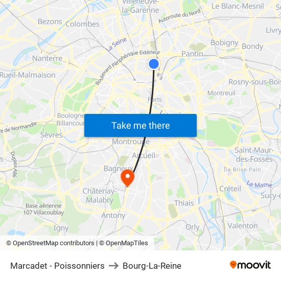 Marcadet - Poissonniers to Bourg-La-Reine map