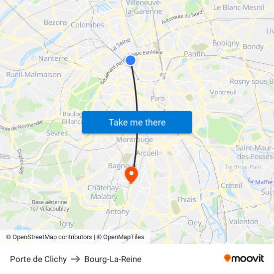Porte de Clichy to Bourg-La-Reine map