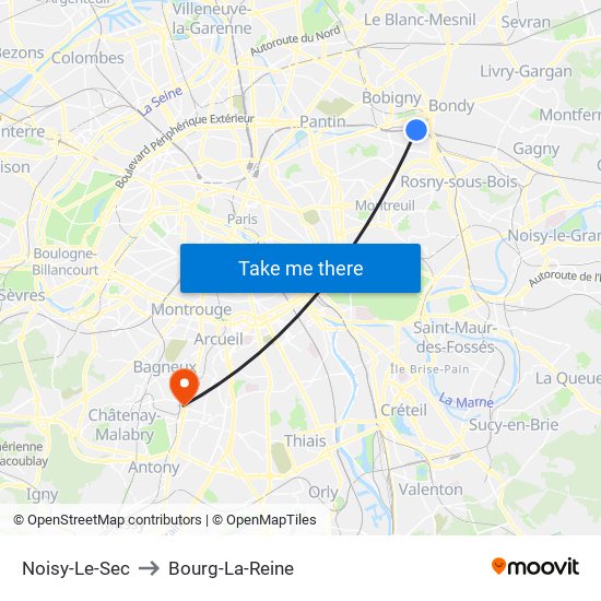 Noisy-Le-Sec to Bourg-La-Reine map