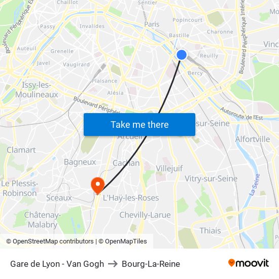 Gare de Lyon - Van Gogh to Bourg-La-Reine map