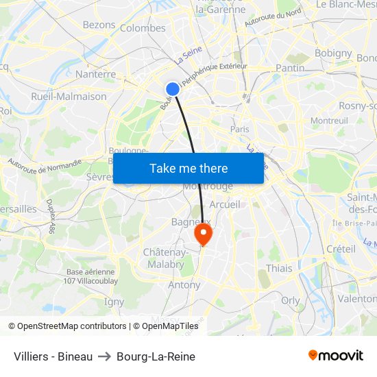 Villiers - Bineau to Bourg-La-Reine map
