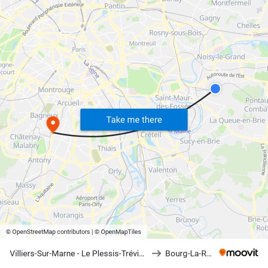 Villiers-Sur-Marne - Le Plessis-Trévise RER to Bourg-La-Reine map