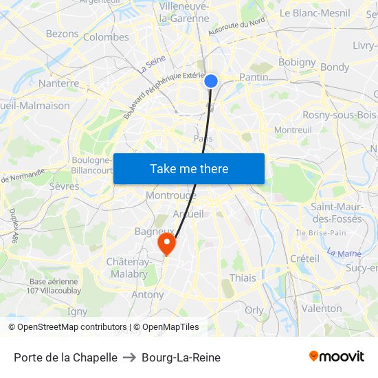 Porte de la Chapelle to Bourg-La-Reine map