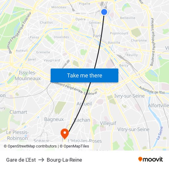 Gare de L'Est to Bourg-La-Reine map