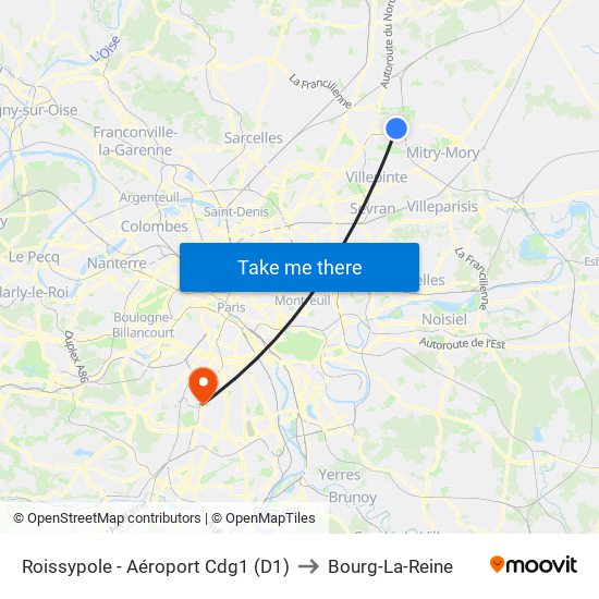 Roissypole - Aéroport Cdg1 (D1) to Bourg-La-Reine map