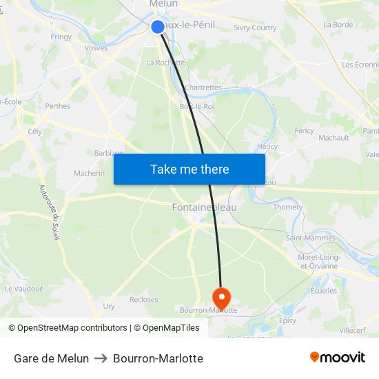 Gare de Melun to Bourron-Marlotte map