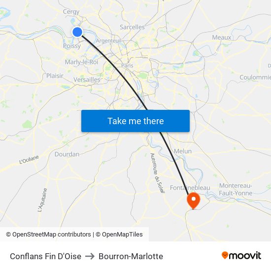 Conflans Fin D'Oise to Bourron-Marlotte map