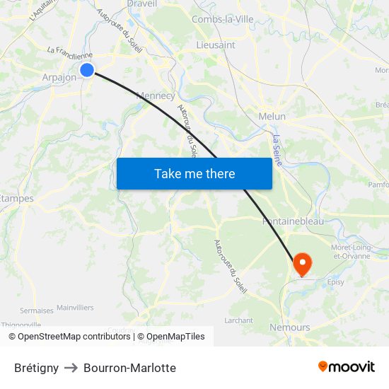 Brétigny to Bourron-Marlotte map