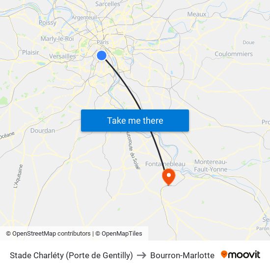 Stade Charléty (Porte de Gentilly) to Bourron-Marlotte map