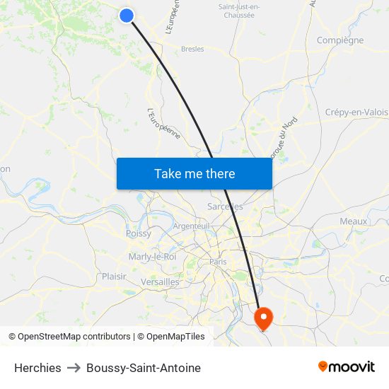 Herchies to Boussy-Saint-Antoine map