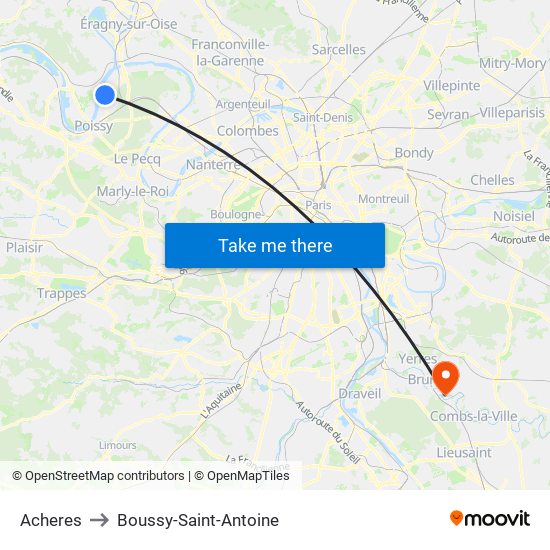 Acheres to Boussy-Saint-Antoine map