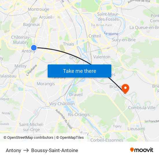 Antony to Boussy-Saint-Antoine map
