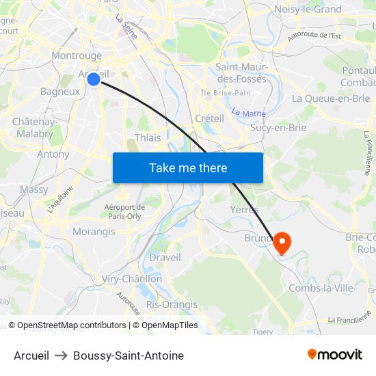 Arcueil to Boussy-Saint-Antoine map