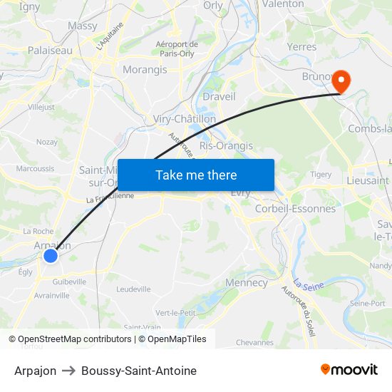 Arpajon to Boussy-Saint-Antoine map