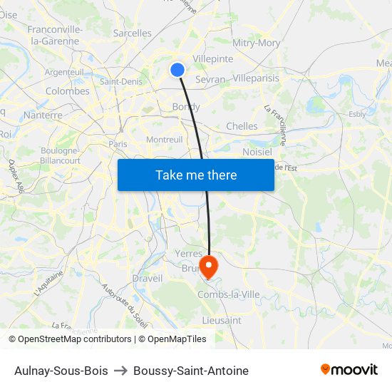 Aulnay-Sous-Bois to Boussy-Saint-Antoine map