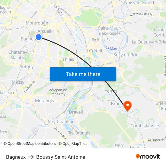 Bagneux to Boussy-Saint-Antoine map