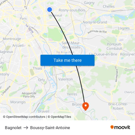 Bagnolet to Boussy-Saint-Antoine map
