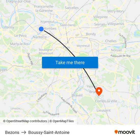 Bezons to Boussy-Saint-Antoine map