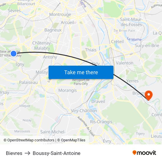 Bievres to Boussy-Saint-Antoine map