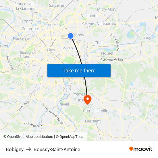 Bobigny to Boussy-Saint-Antoine map