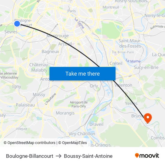 Boulogne-Billancourt to Boussy-Saint-Antoine map