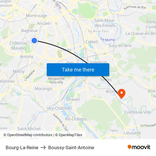 Bourg-La-Reine to Boussy-Saint-Antoine map