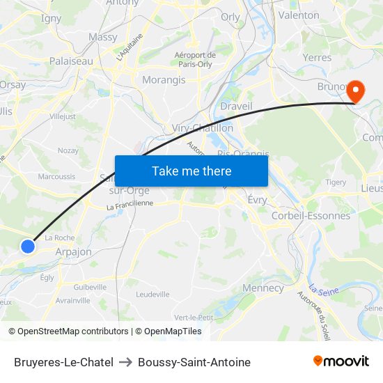 Bruyeres-Le-Chatel to Boussy-Saint-Antoine map