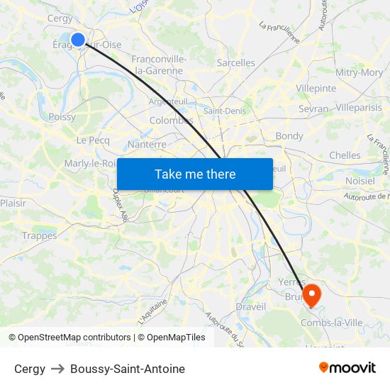 Cergy to Boussy-Saint-Antoine map