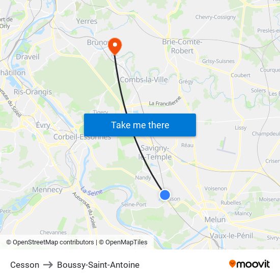 Cesson to Boussy-Saint-Antoine map