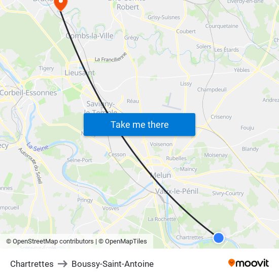 Chartrettes to Boussy-Saint-Antoine map