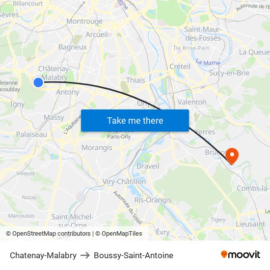 Chatenay-Malabry to Boussy-Saint-Antoine map