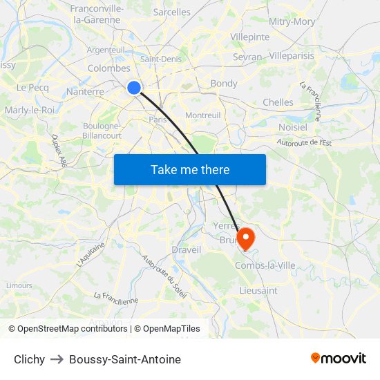 Clichy to Boussy-Saint-Antoine map