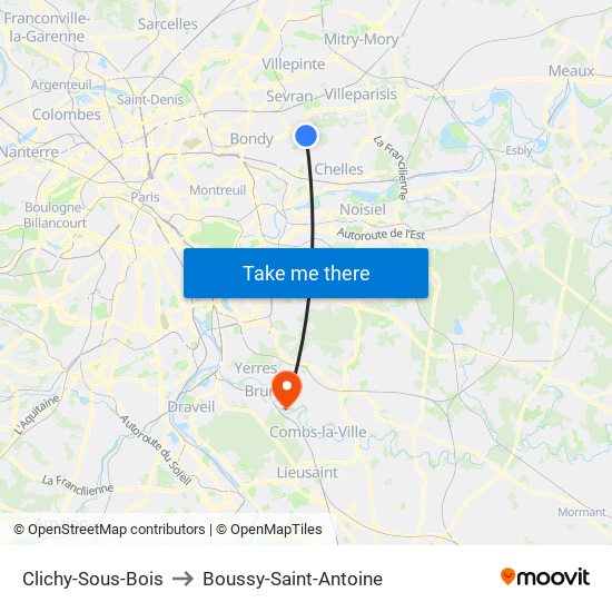 Clichy-Sous-Bois to Boussy-Saint-Antoine map