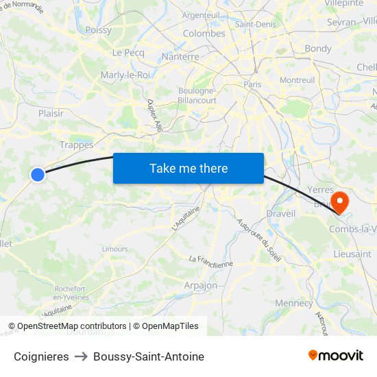 Coignieres to Boussy-Saint-Antoine map