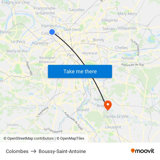 Colombes to Boussy-Saint-Antoine map