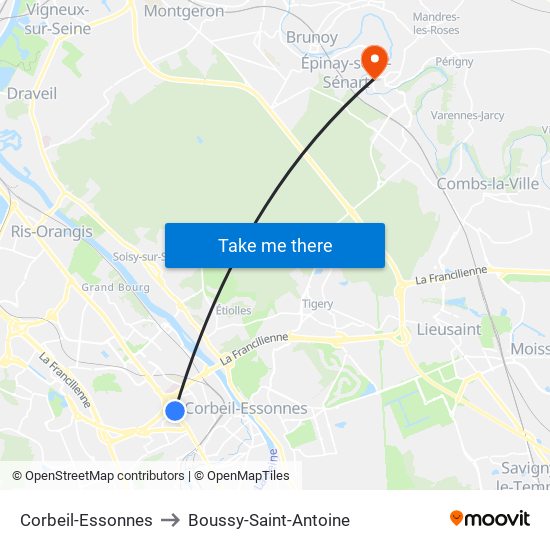 Corbeil-Essonnes to Boussy-Saint-Antoine map