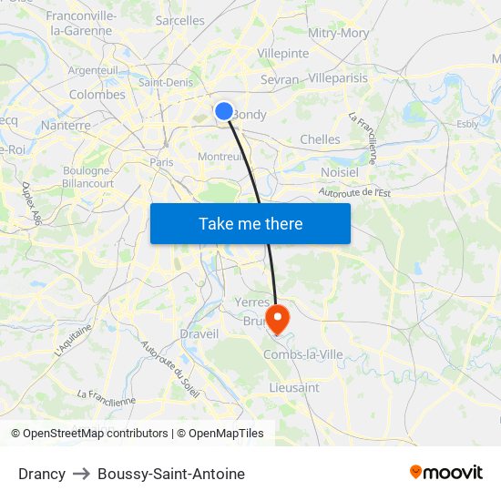 Drancy to Boussy-Saint-Antoine map