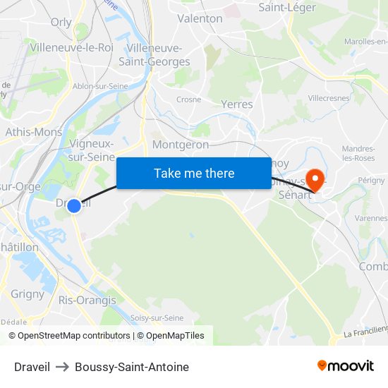 Draveil to Boussy-Saint-Antoine map