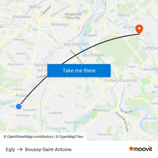 Egly to Boussy-Saint-Antoine map