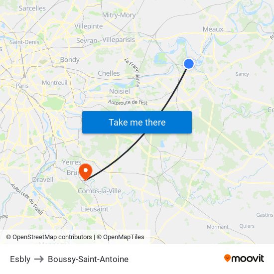 Esbly to Boussy-Saint-Antoine map