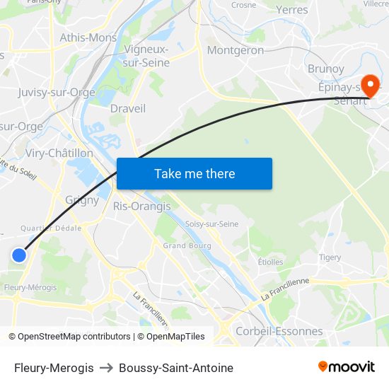 Fleury-Merogis to Boussy-Saint-Antoine map