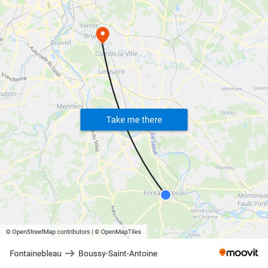 Fontainebleau to Boussy-Saint-Antoine map